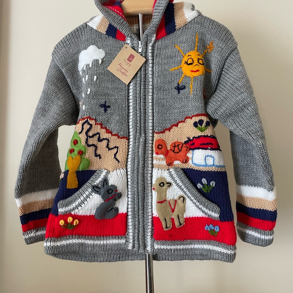 Peruvian Aplique Kids Sweater, hand embroidered. Size 8 Years Old